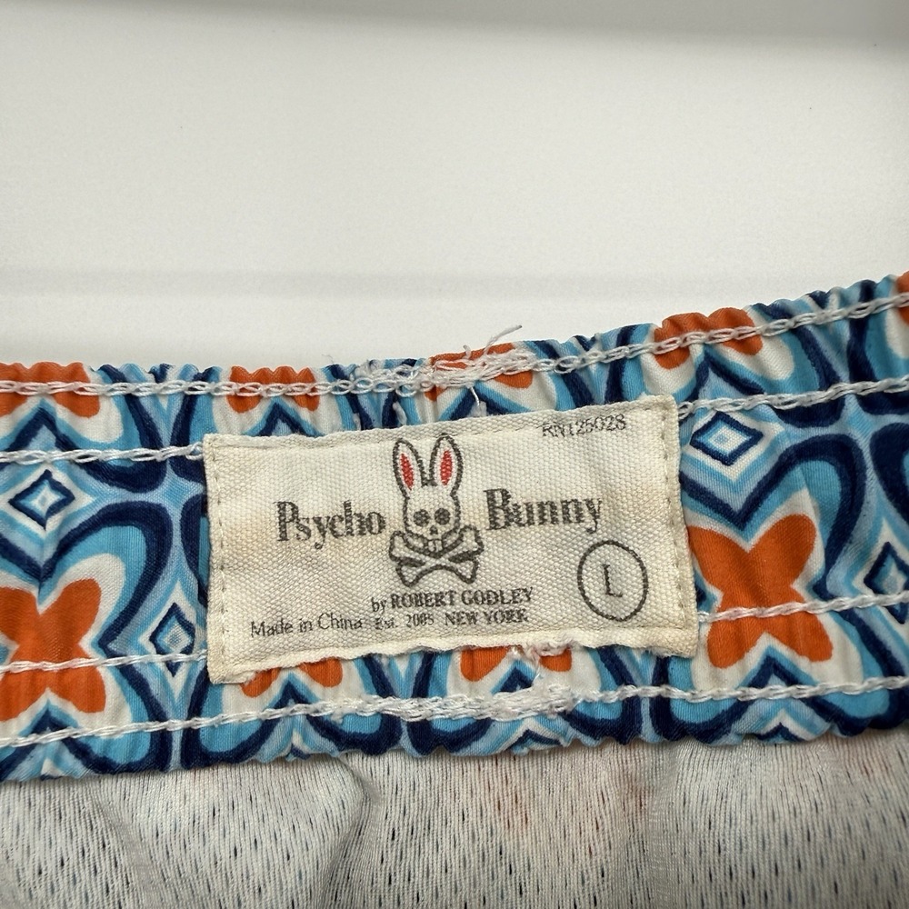 Psycho Bunny Men's Blue Orange Swim Trunks Mesh Lined Drawstring Size Large L - Picture 3 of 4